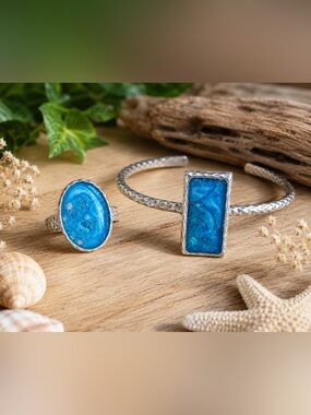Handmade Ocean Blue Jewelry Set | Matching Statement Ring & Cuff | Coastal Boho